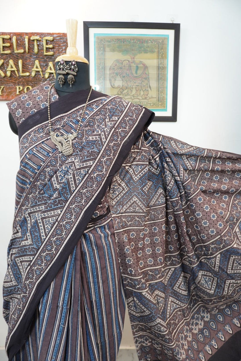 Brown Ajrakh cotton saree with blue and cream geometric stripes and a border