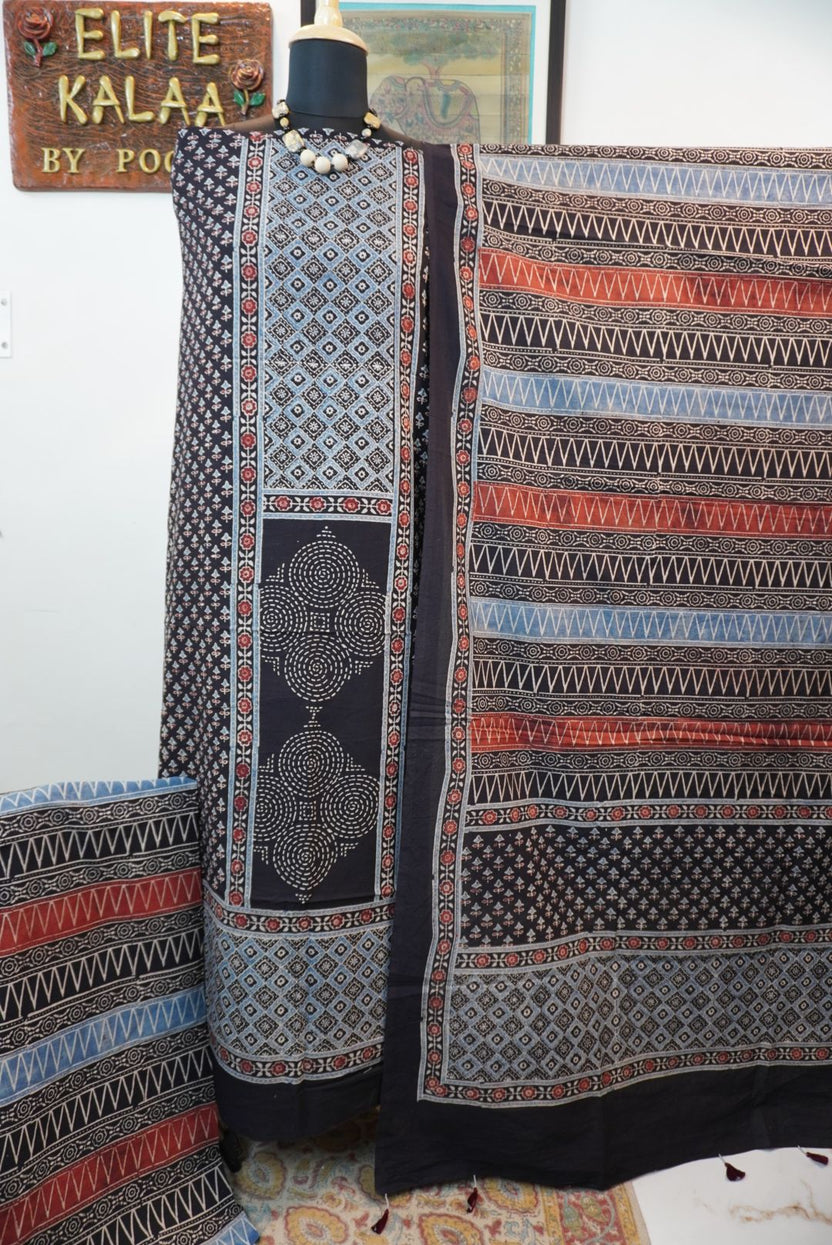 Black cotton Ajrakh handblock 3 piece suit with multicolor block print and border