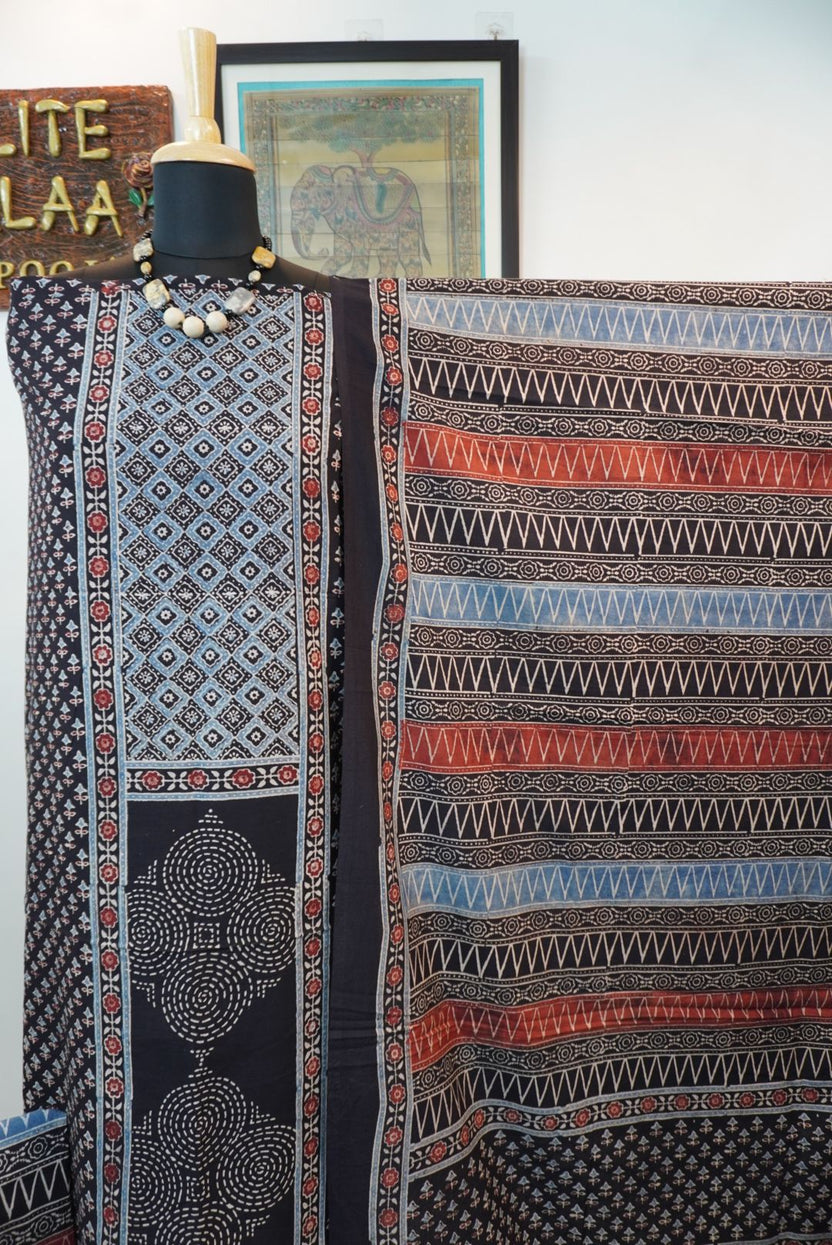 Black cotton Ajrakh handblock 3 piece suit with multicolor block print and border