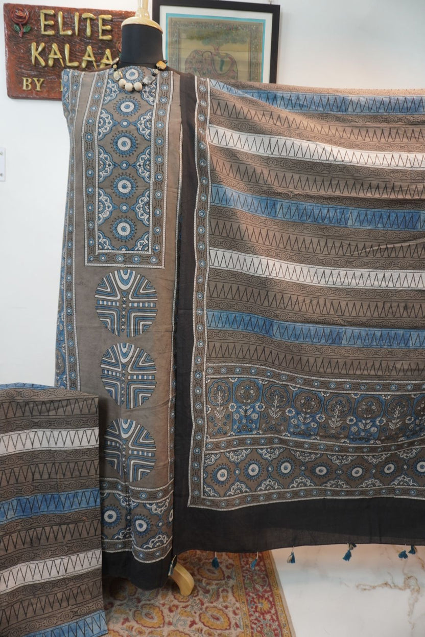 Brown Ajrakh block print 3 piece dress material with border and tassels