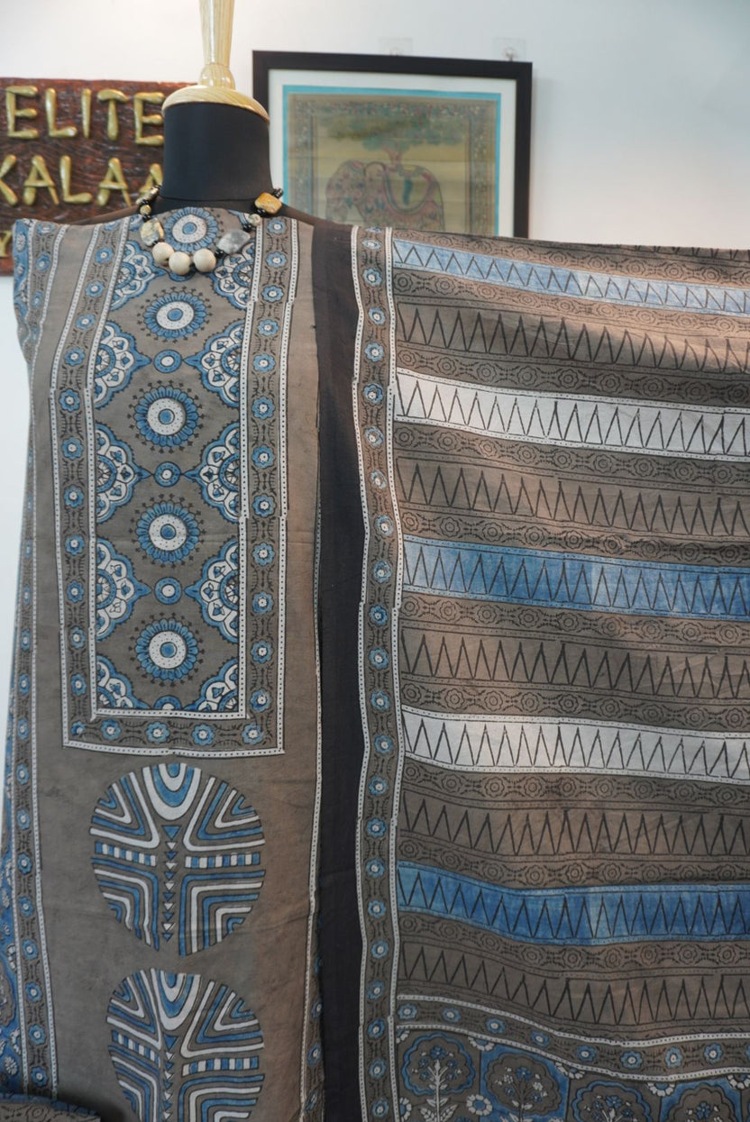 Brown Ajrakh block print 3 piece dress material with border and tassels