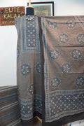 Ajrakh handblock cotton 3 piece suit set in brown with blue, black, beige and white block print and border detail