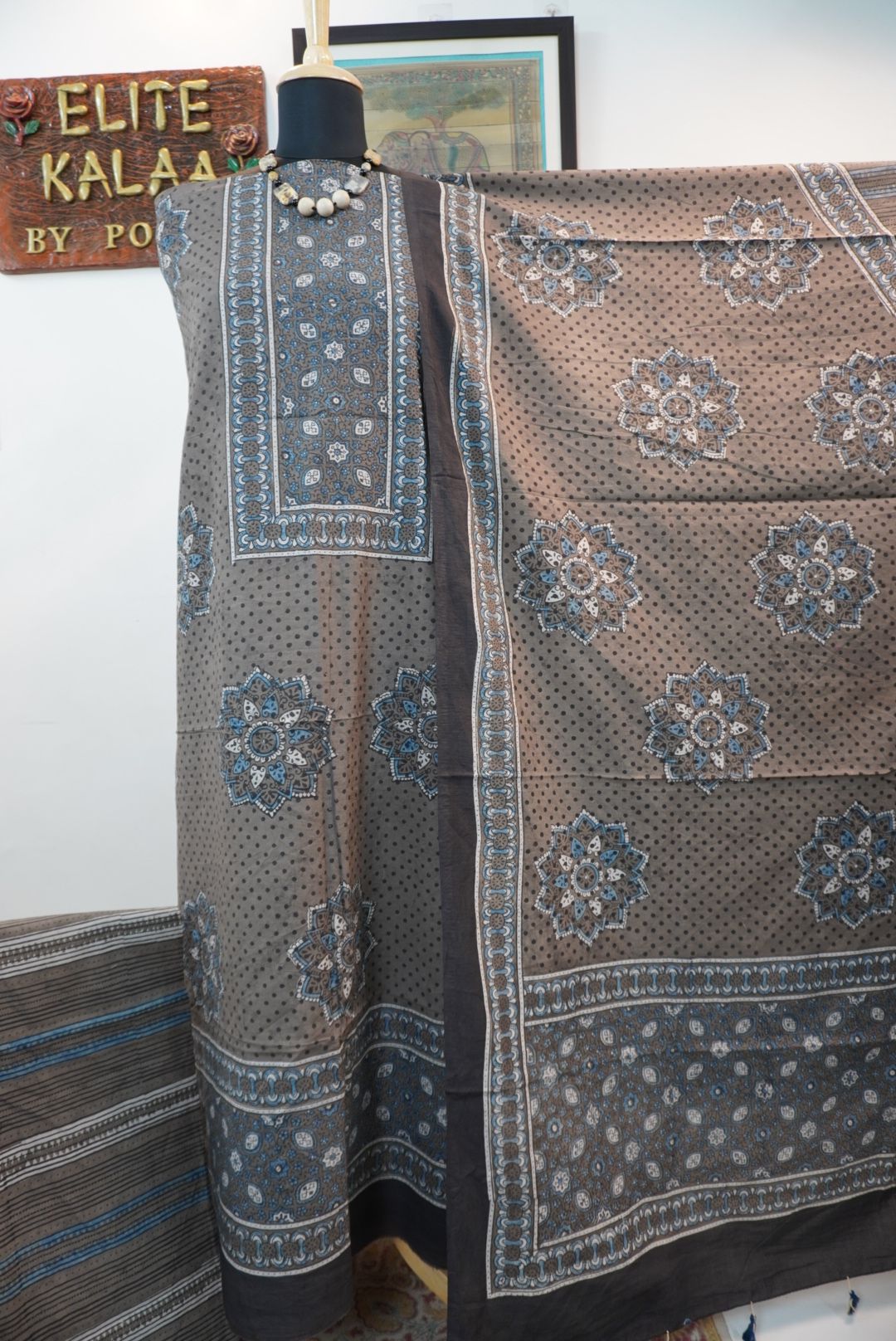 Ajrakh handblock cotton 3 piece suit set in brown with blue, black, beige and white block print and border detail