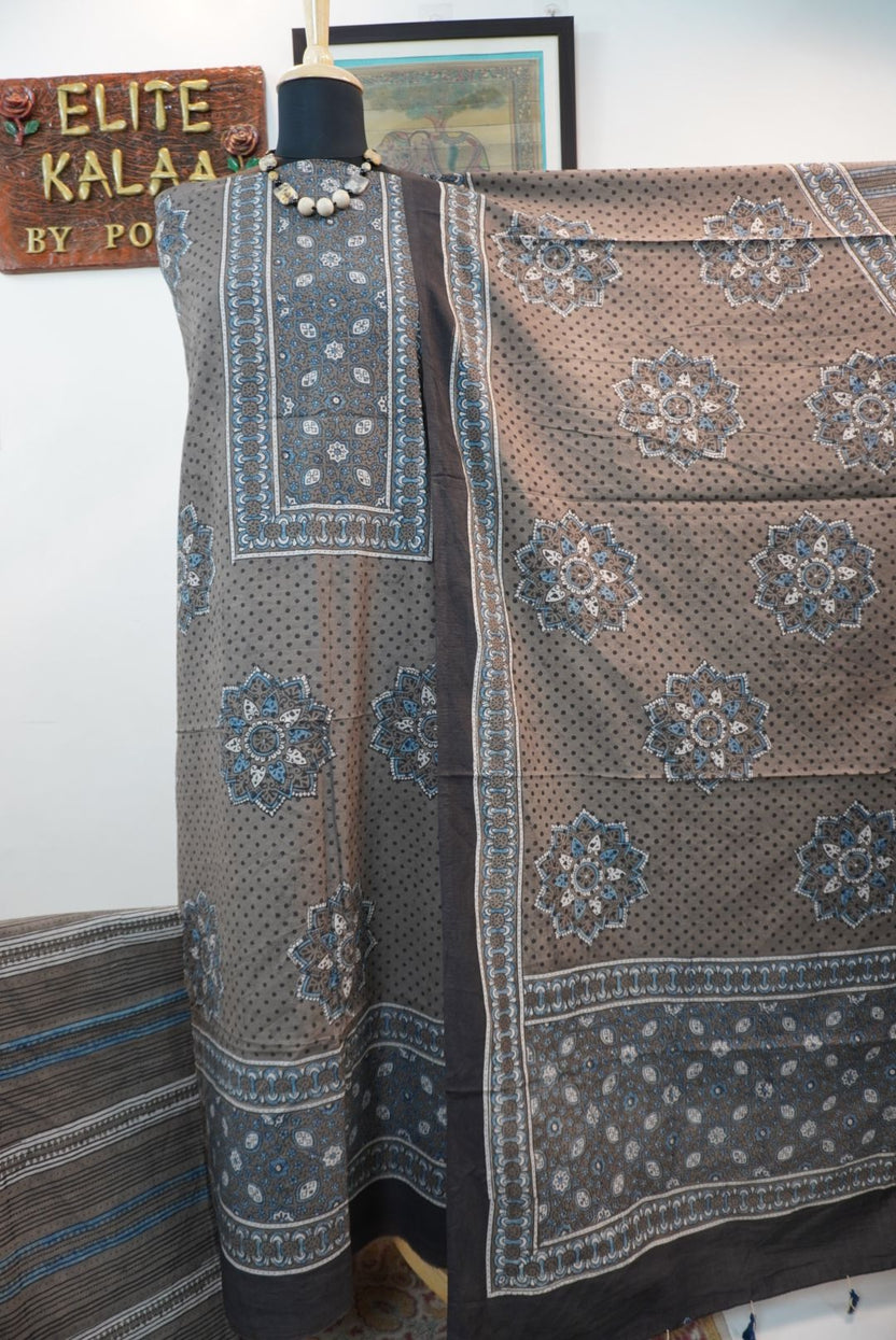 Ajrakh handblock cotton 3 piece suit set in brown with blue, black, beige and white block print and border detail
