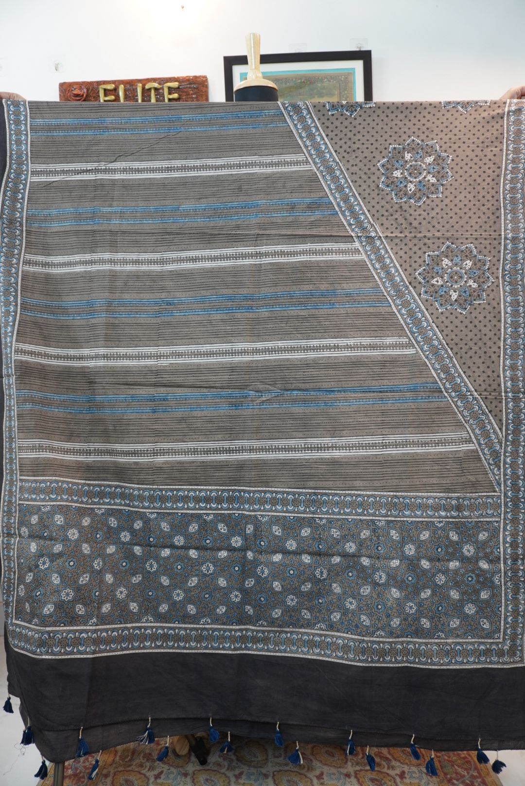 Ajrakh handblock cotton 3 piece suit set in brown with blue, black, beige and white block print and border detail