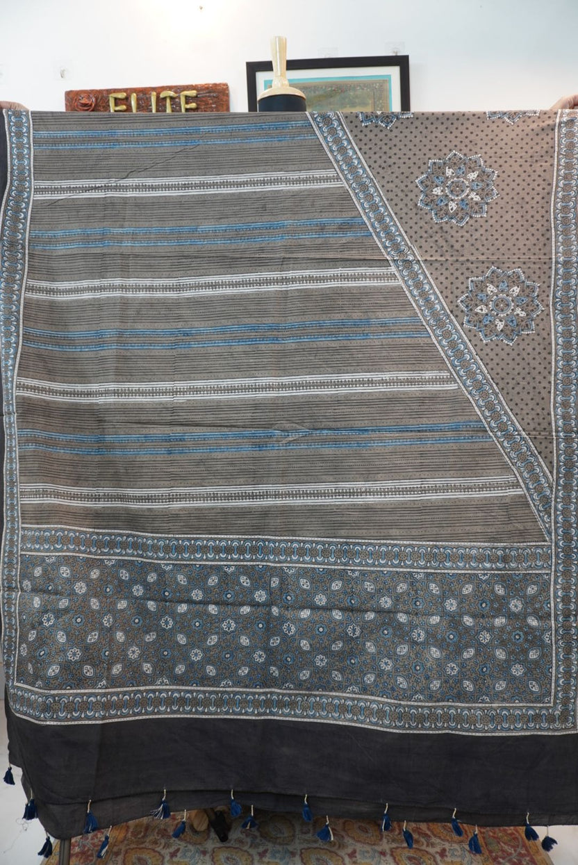 Ajrakh handblock cotton 3 piece suit set in brown with blue, black, beige and white block print and border detail