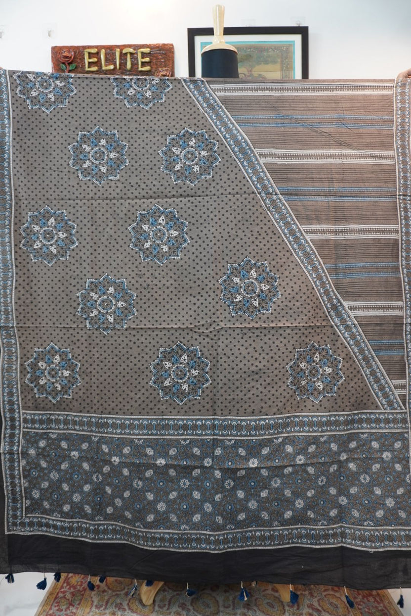 Ajrakh handblock cotton 3 piece suit set in brown with blue, black, beige and white block print and border detail