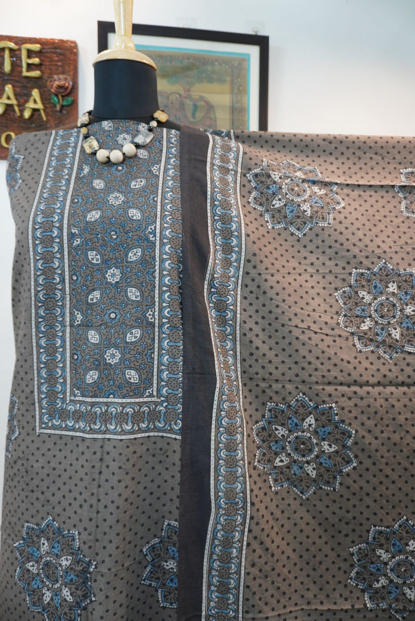 Ajrakh handblock cotton 3 piece suit set in brown with blue, black, beige and white block print and border detail