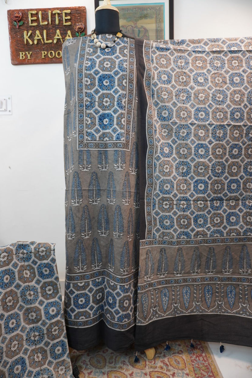 Brown Ajrakh handblock cotton 3 piece unstitched suit set with blue, beige, white and grey accents and border detail
