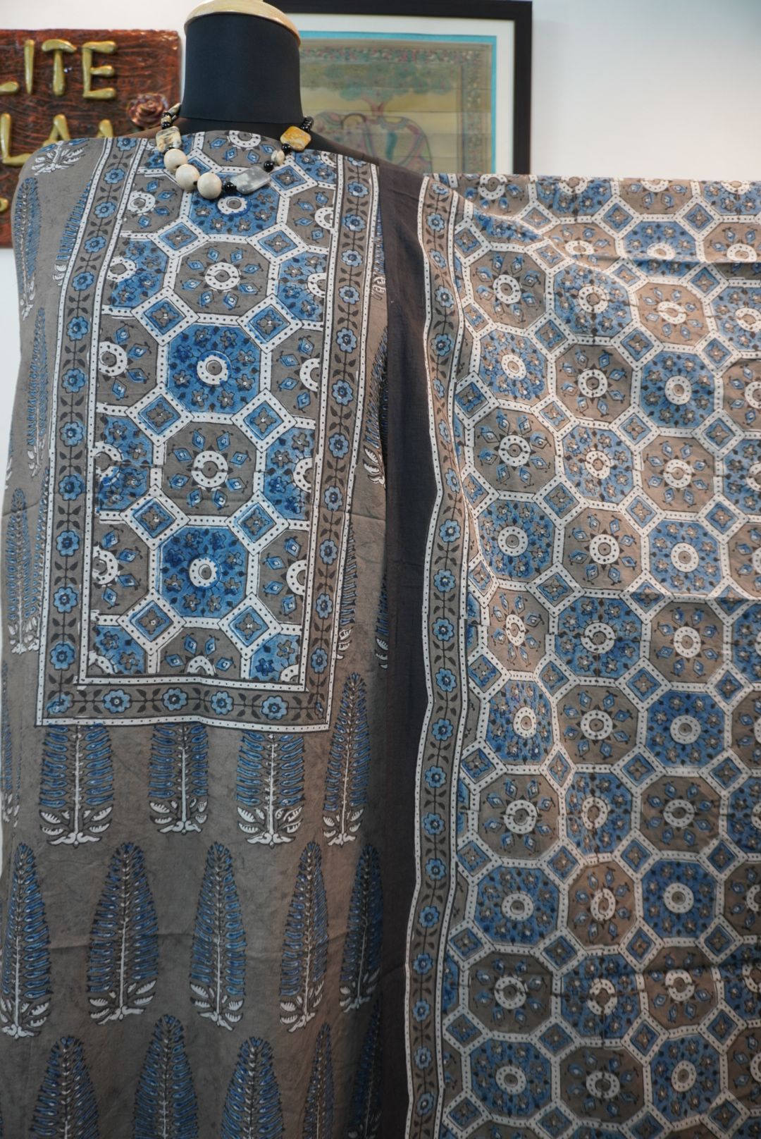 Brown Ajrakh handblock cotton 3 piece unstitched suit set with blue, beige, white and grey accents and border detail