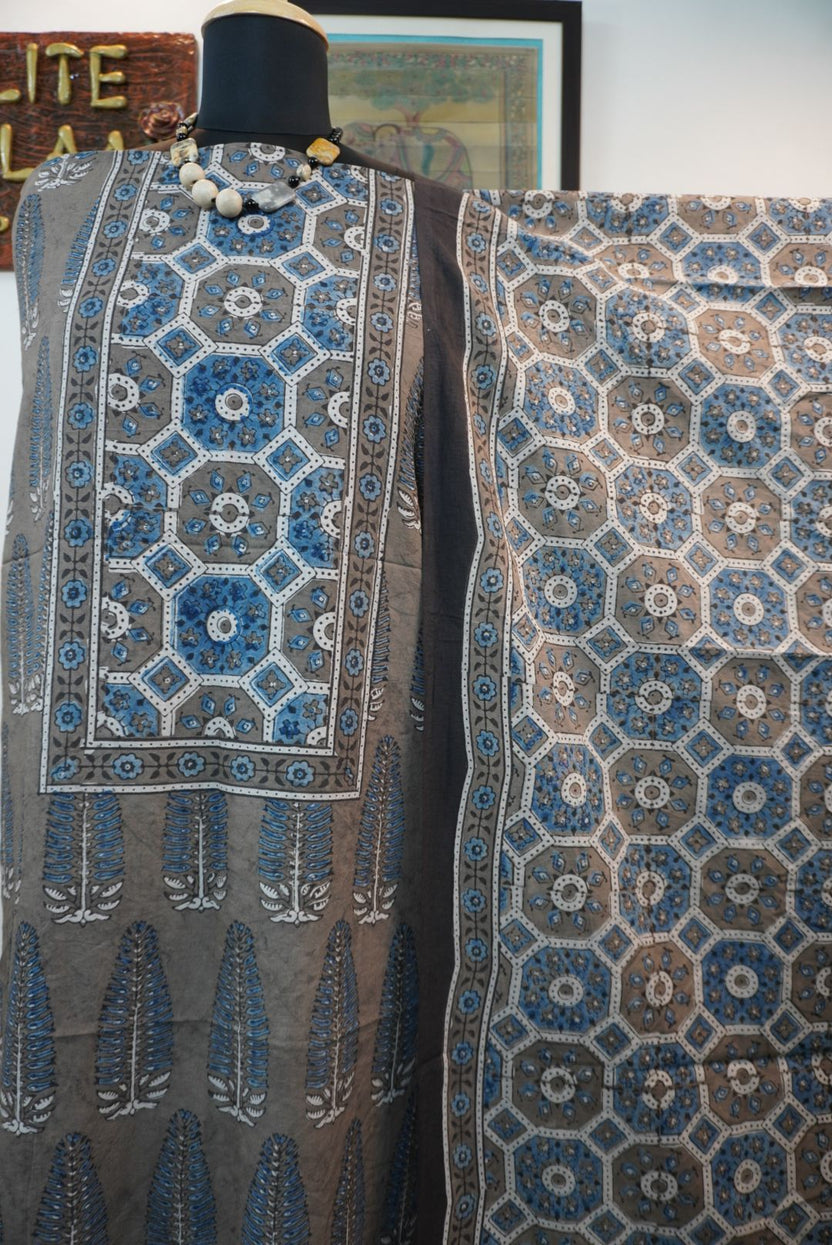 Brown Ajrakh handblock cotton 3 piece unstitched suit set with blue, beige, white and grey accents and border detail