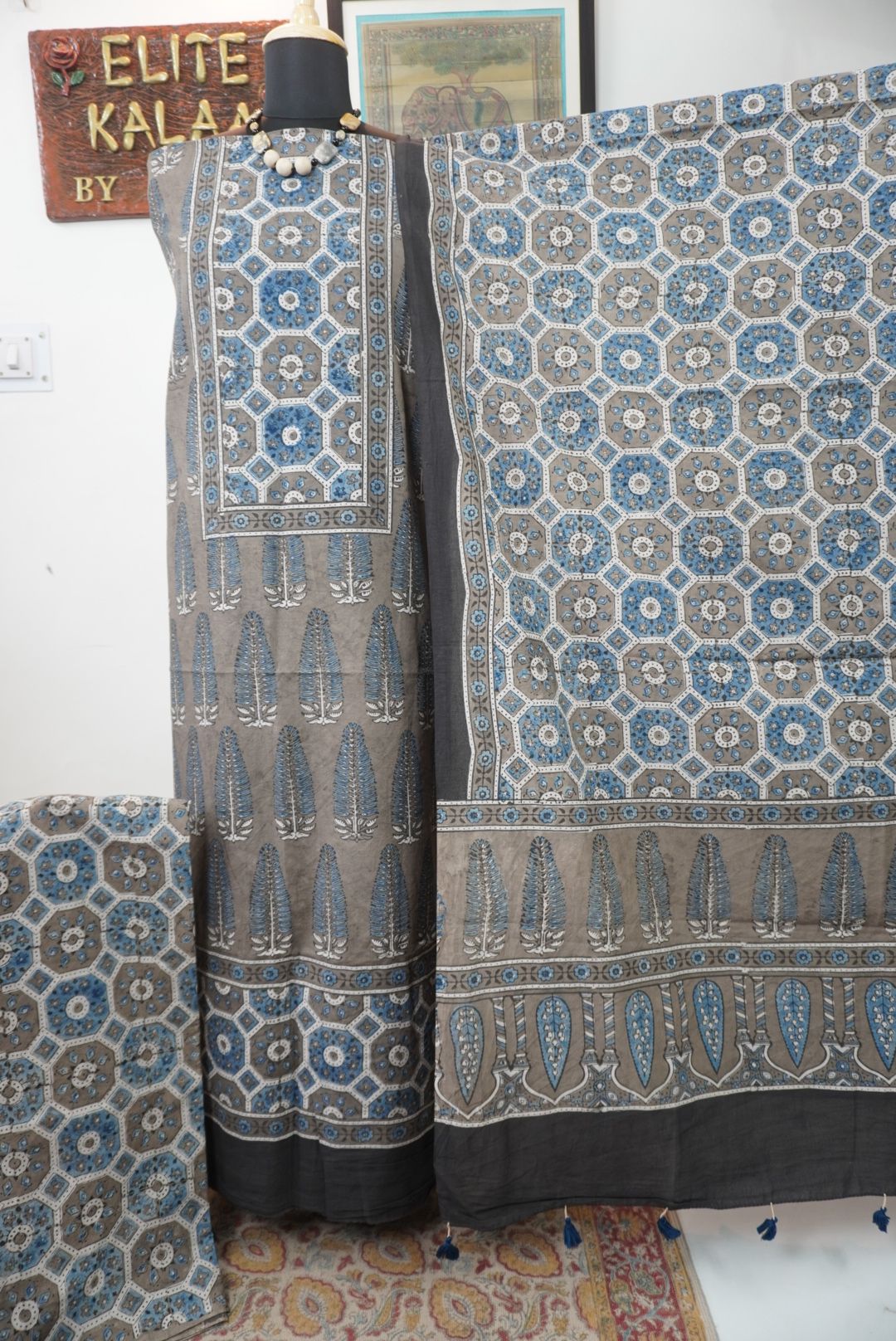 Brown Ajrakh handblock cotton 3 piece unstitched suit set with blue, beige, white and grey accents and border detail