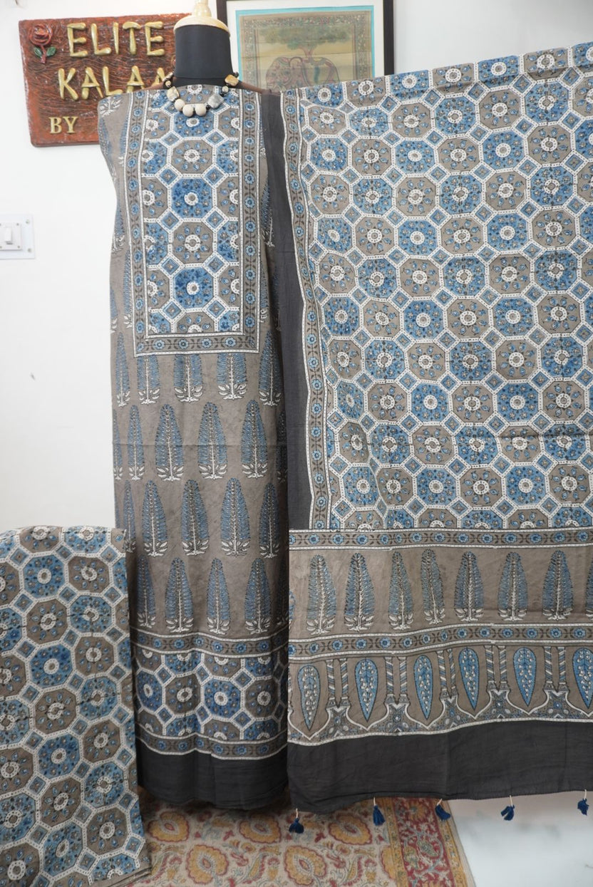 Brown Ajrakh handblock cotton 3 piece unstitched suit set with blue, beige, white and grey accents and border detail