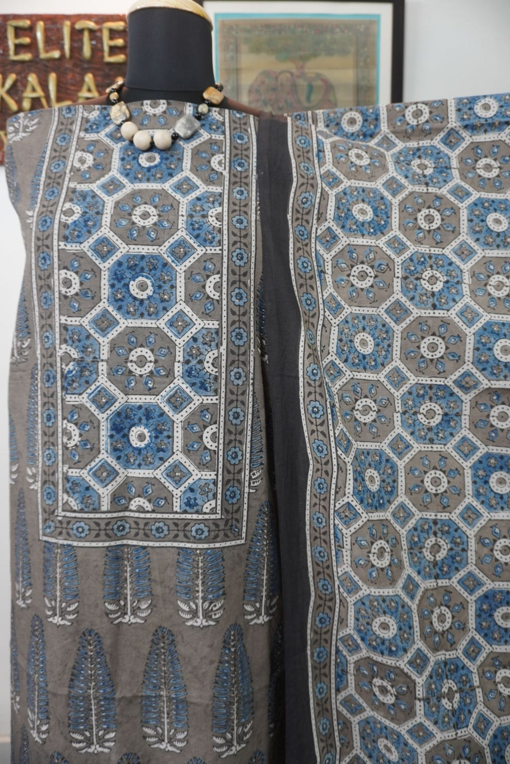 Brown Ajrakh handblock cotton 3 piece unstitched suit set with blue, beige, white and grey accents and border detail