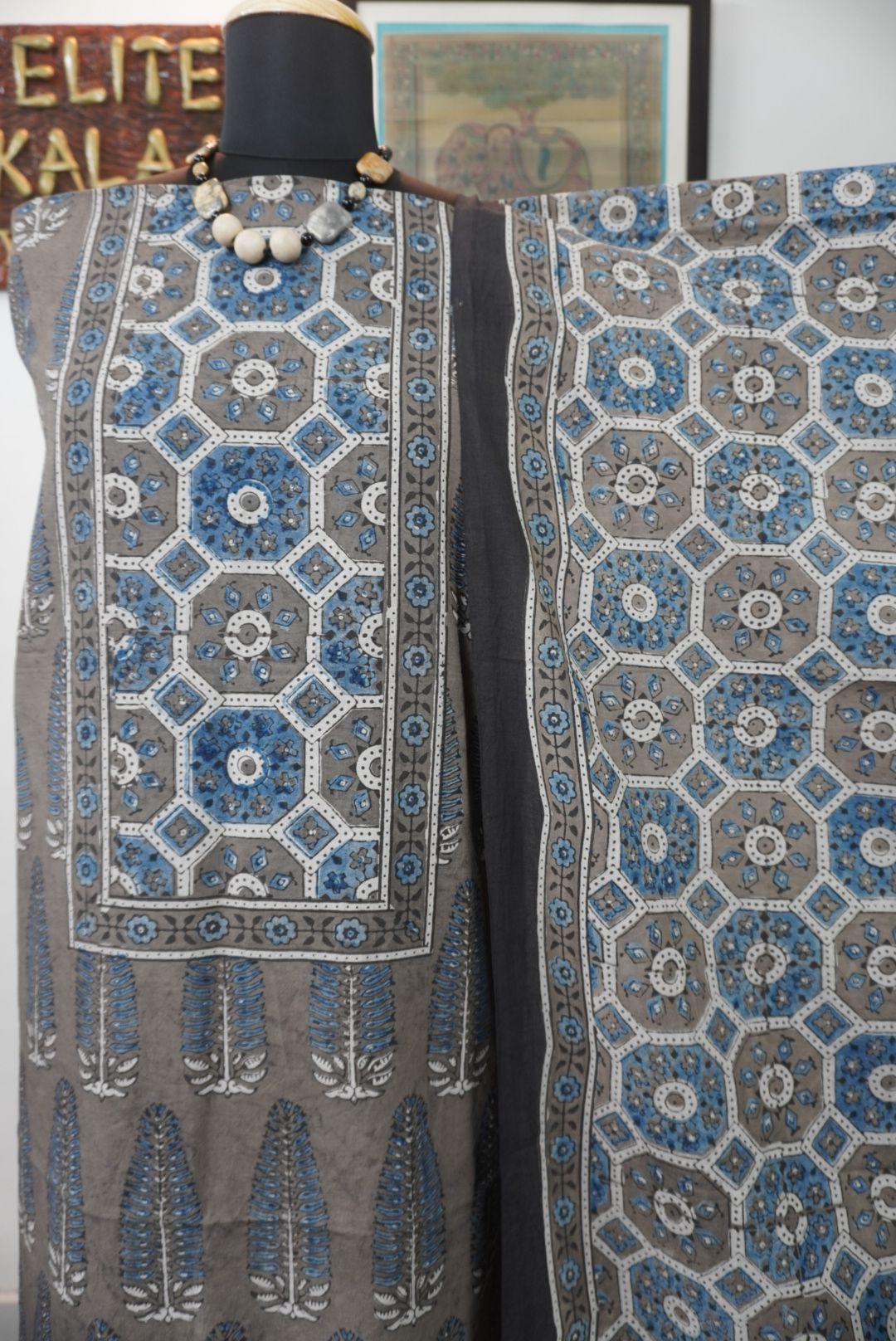 Brown Ajrakh handblock cotton 3 piece unstitched suit set with blue, beige, white and grey accents and border detail