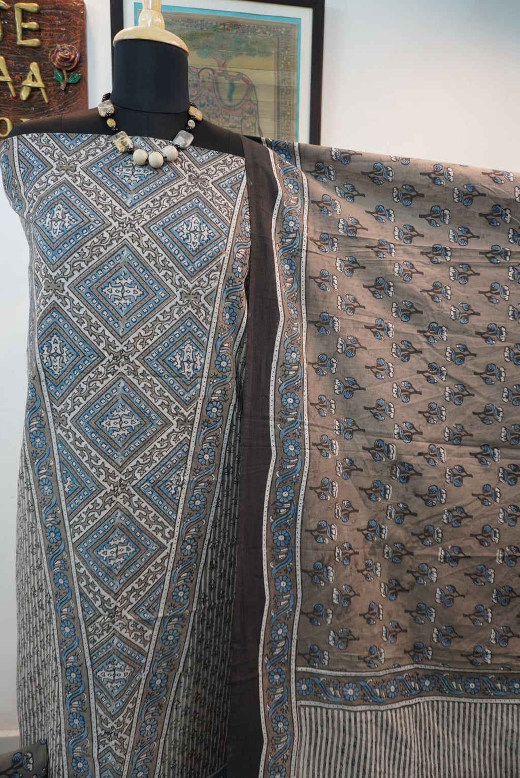 Brown cotton Ajrakh block print 3 piece suit set with blue, black and cream accents and tassels