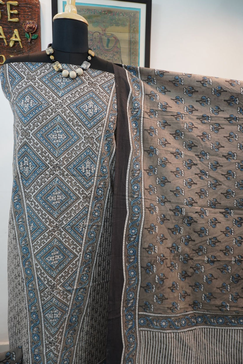 Brown cotton Ajrakh block print 3 piece suit set with blue, black and cream accents and tassels