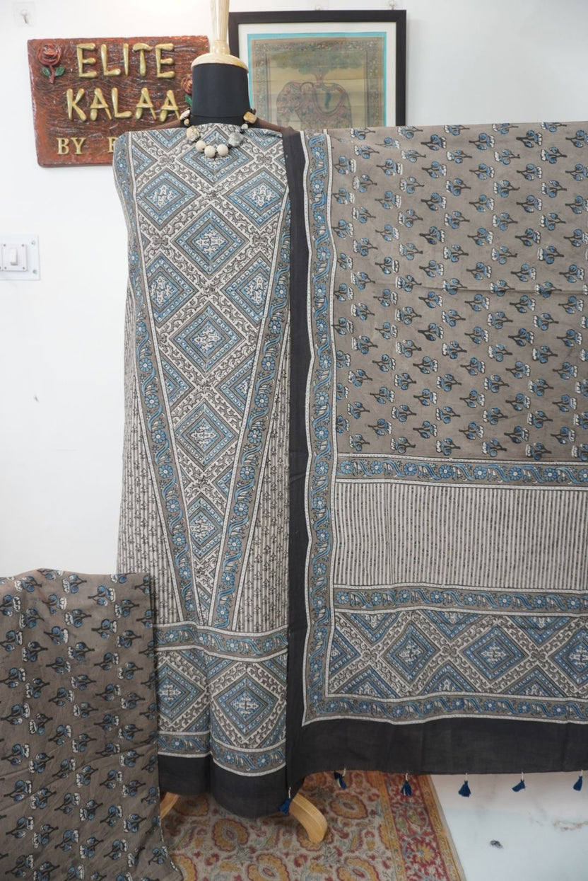 Brown cotton Ajrakh block print 3 piece suit set with blue, black and cream accents and tassels