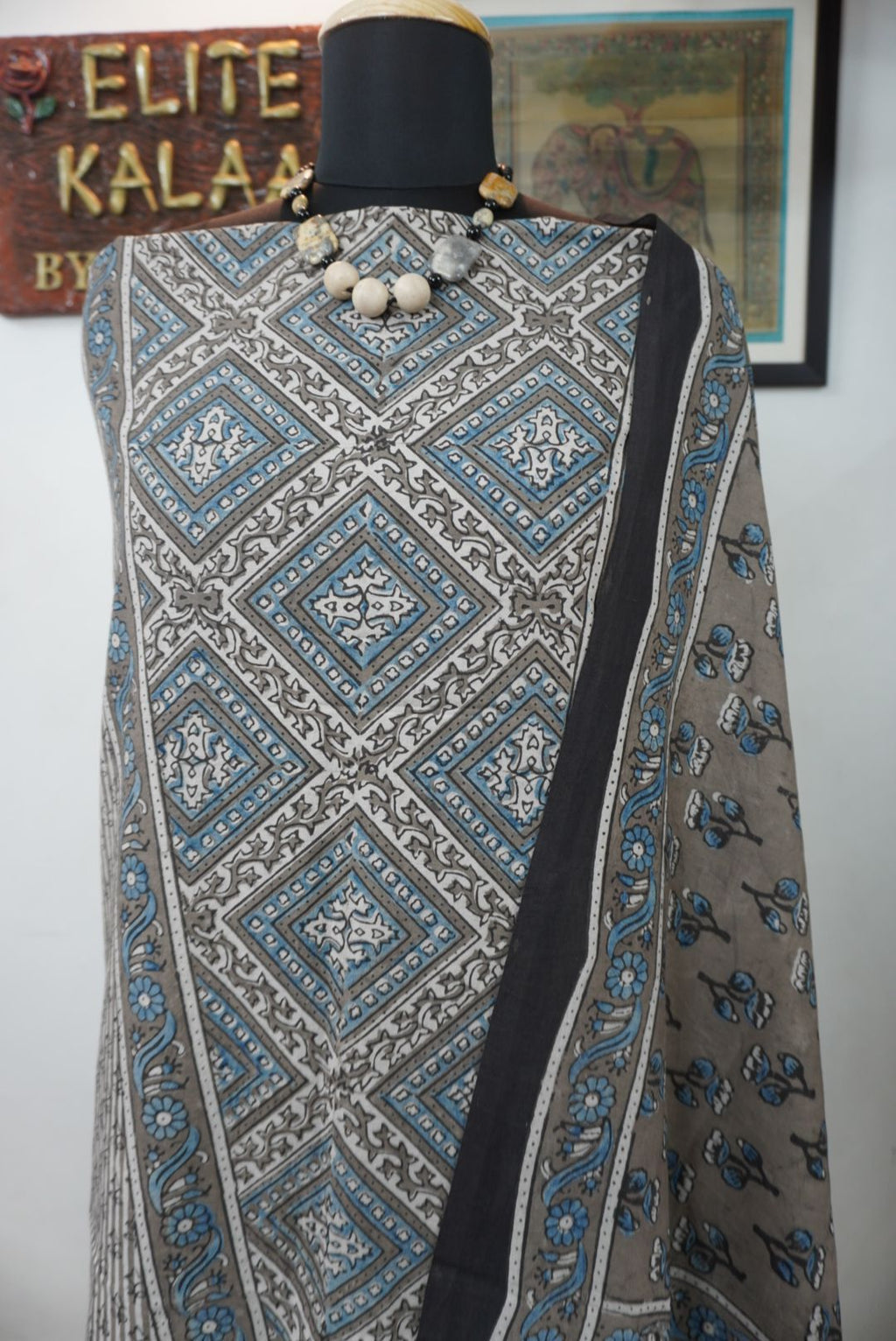 Brown cotton Ajrakh block print 3 piece suit set with blue, black and cream accents and tassels