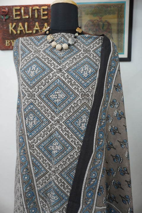 Brown cotton Ajrakh block print 3 piece suit set with blue, black and cream accents and tassels