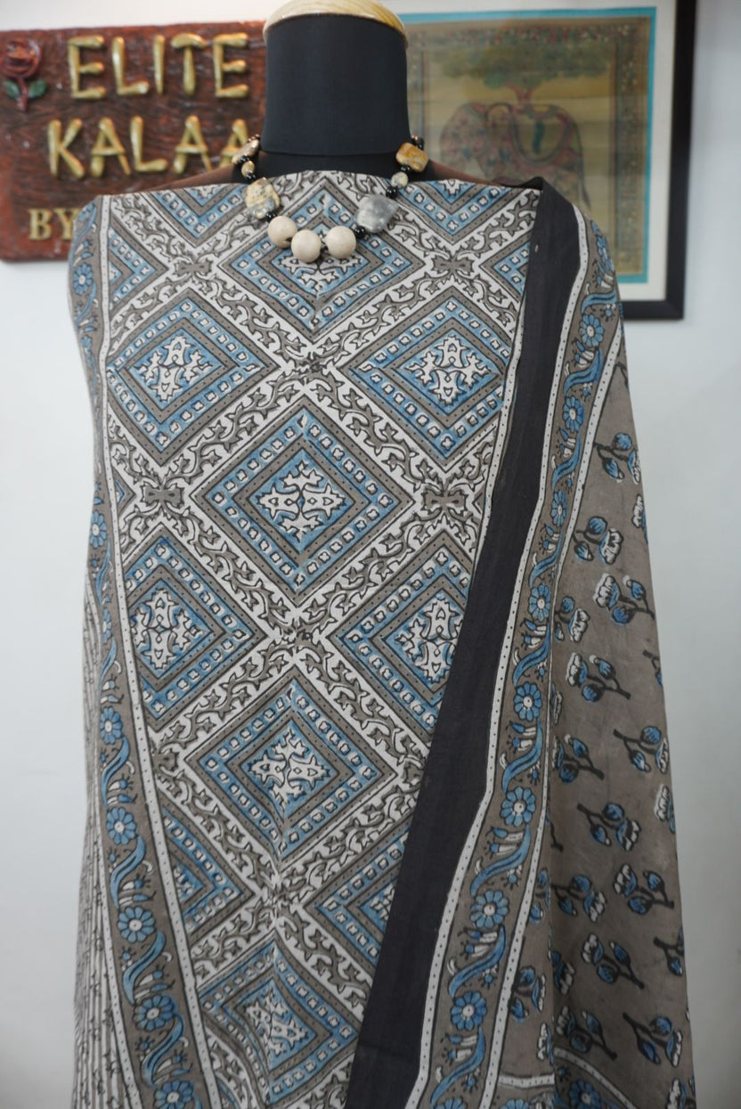 Brown cotton Ajrakh block print 3 piece suit set with blue, black and cream accents and tassels