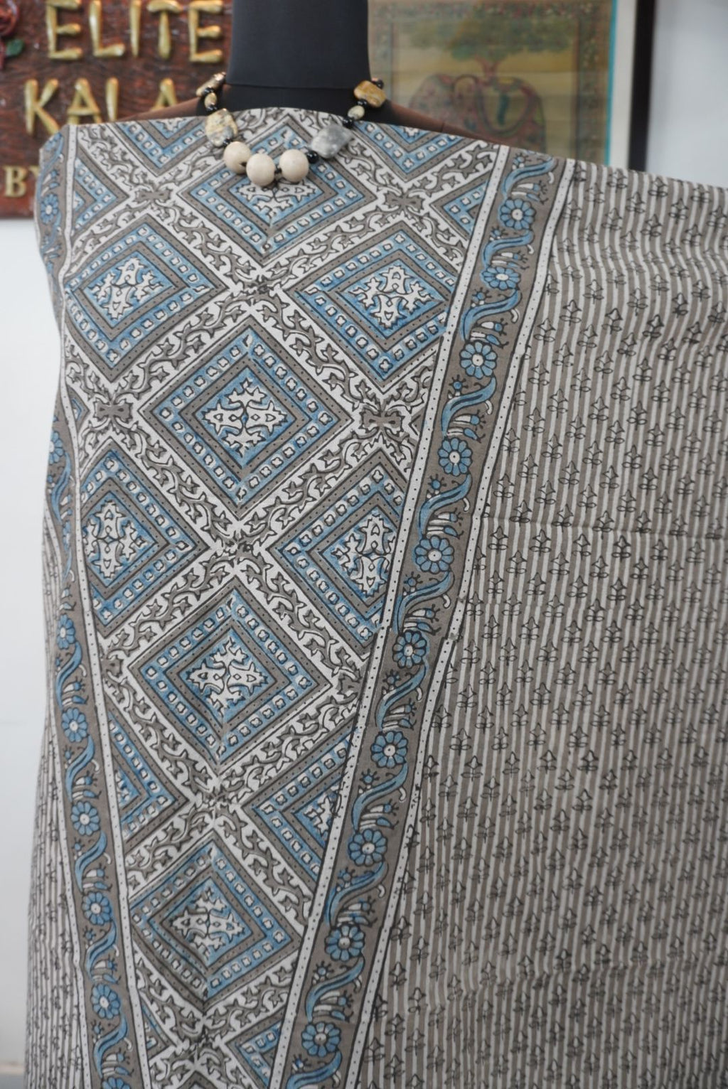 Brown cotton Ajrakh block print 3 piece suit set with blue, black and cream accents and tassels