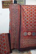 Red rust cotton Ajrakh block print 3 piece suit with border and tassels