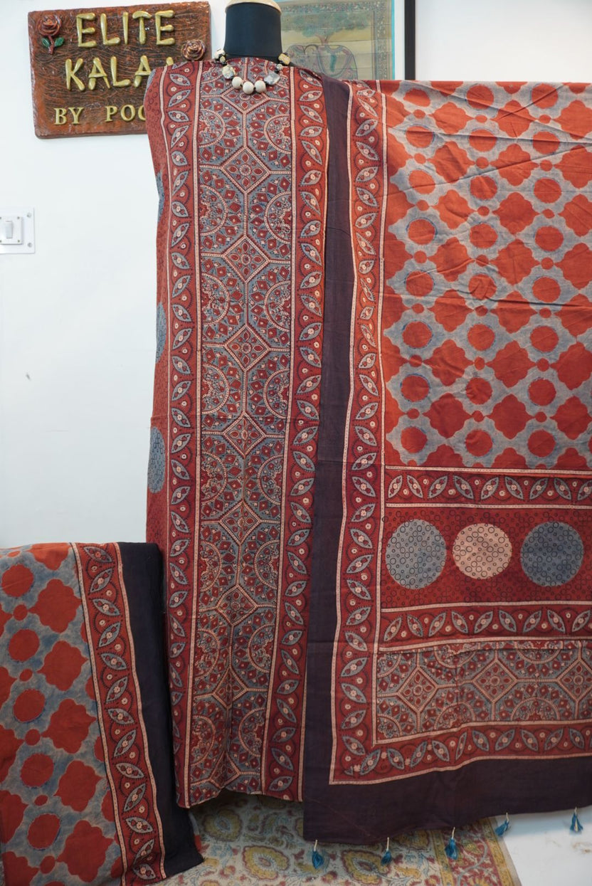Red rust cotton Ajrakh block print 3 piece suit with border and tassels