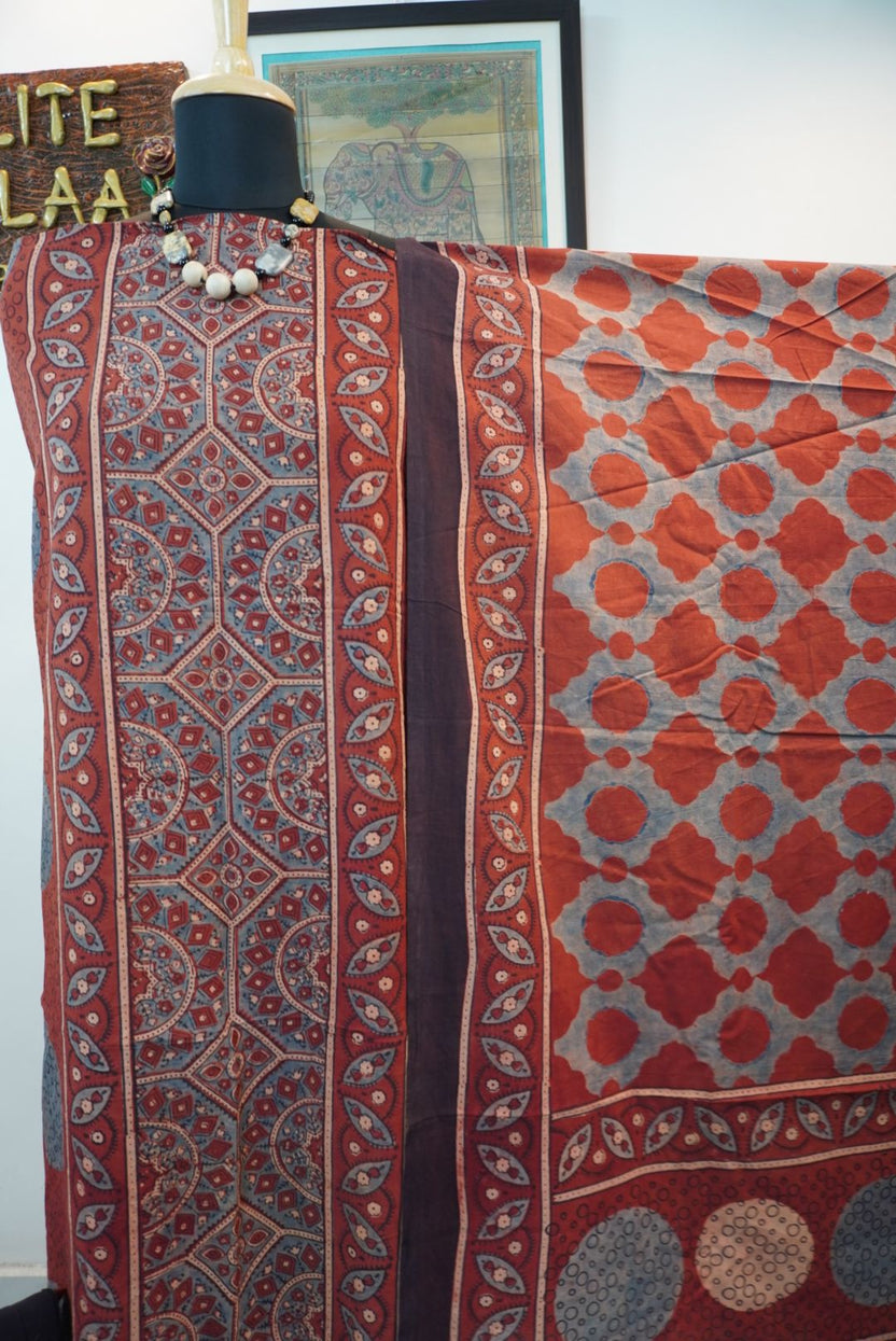 Red rust cotton Ajrakh block print 3 piece suit with border and tassels