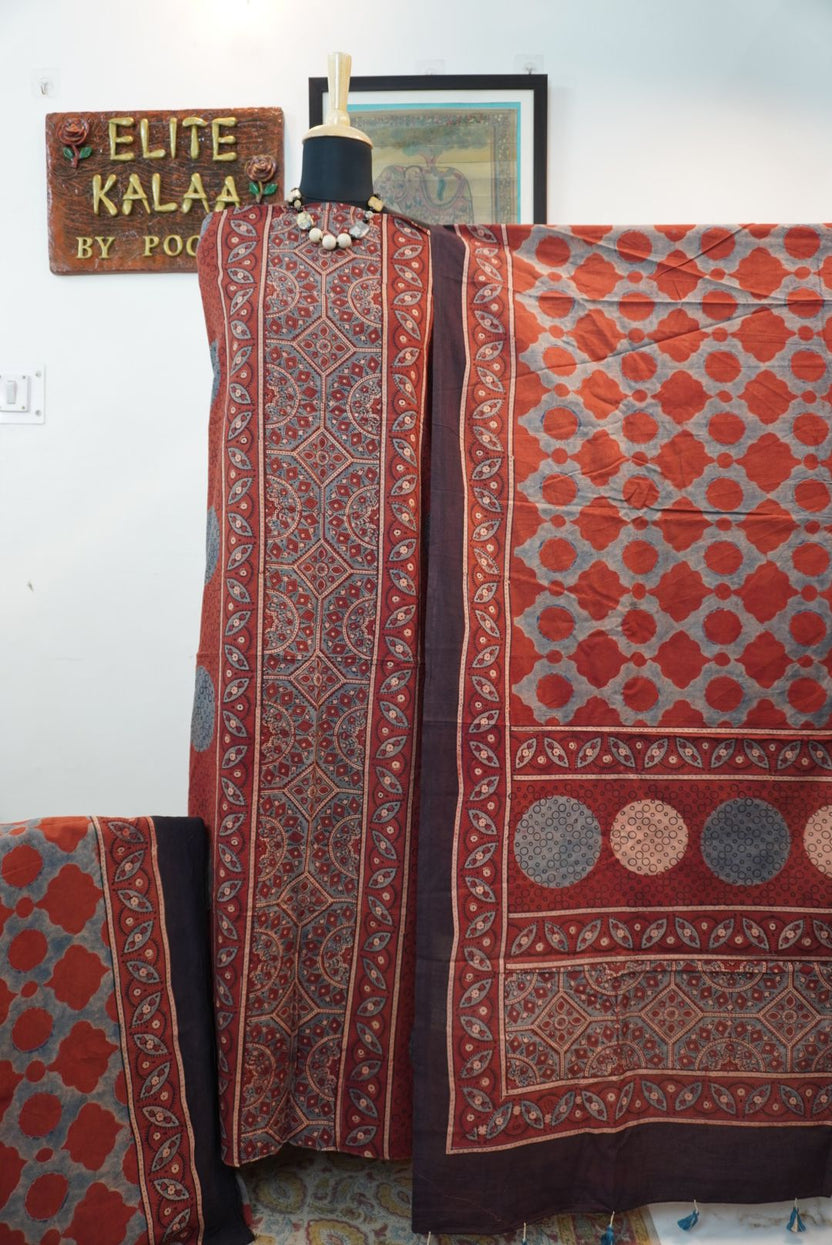 Red rust cotton Ajrakh block print 3 piece suit with border and tassels