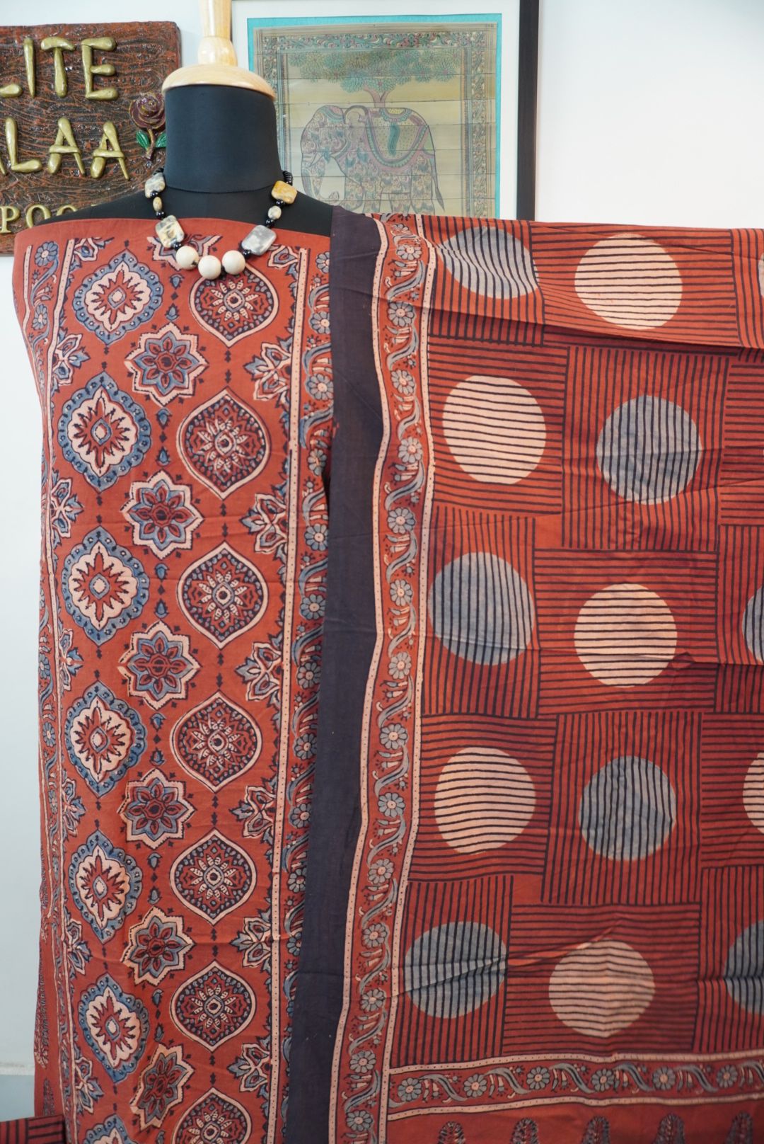 Cotton Ajrakh 3 piece dress material in red rust with placement pattern, border and tassels