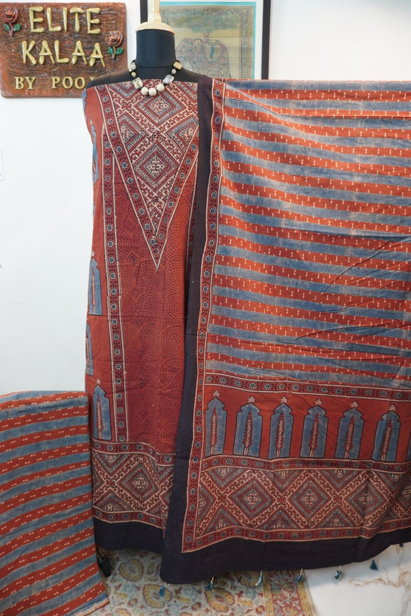 Ajrakh cotton 3 piece suit set in red rust with blue and rust block print and border detail