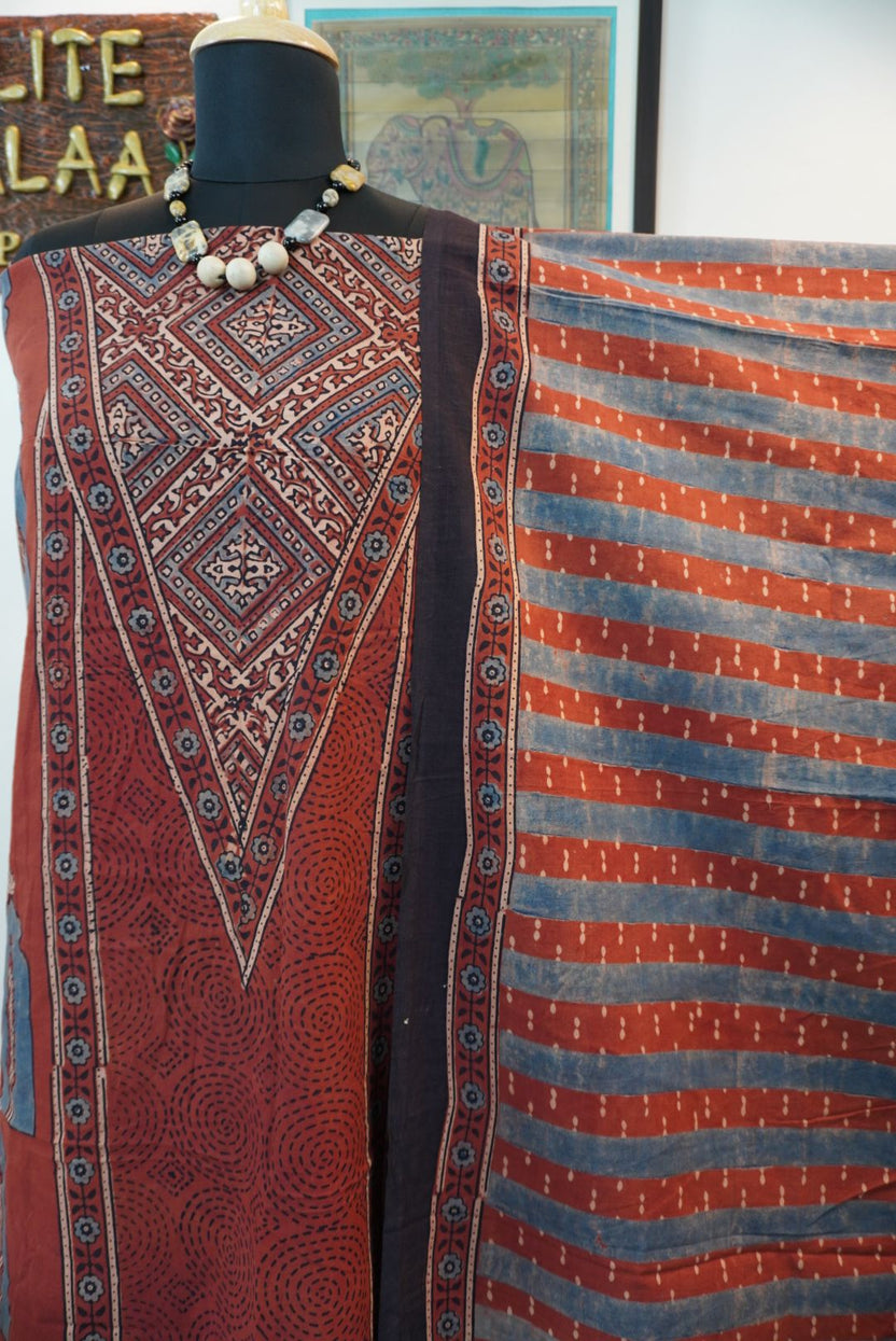 Ajrakh cotton 3 piece suit set in red rust with blue and rust block print and border detail