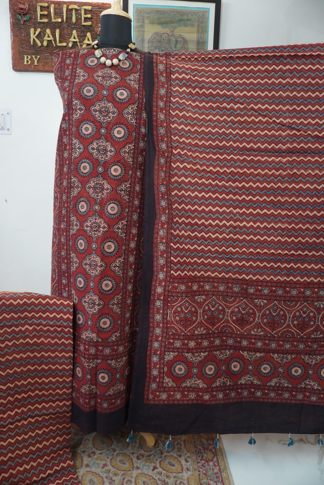 Ajrakh handblock cotton 3 piece suit in red rust with all-over pattern and border, Design 5