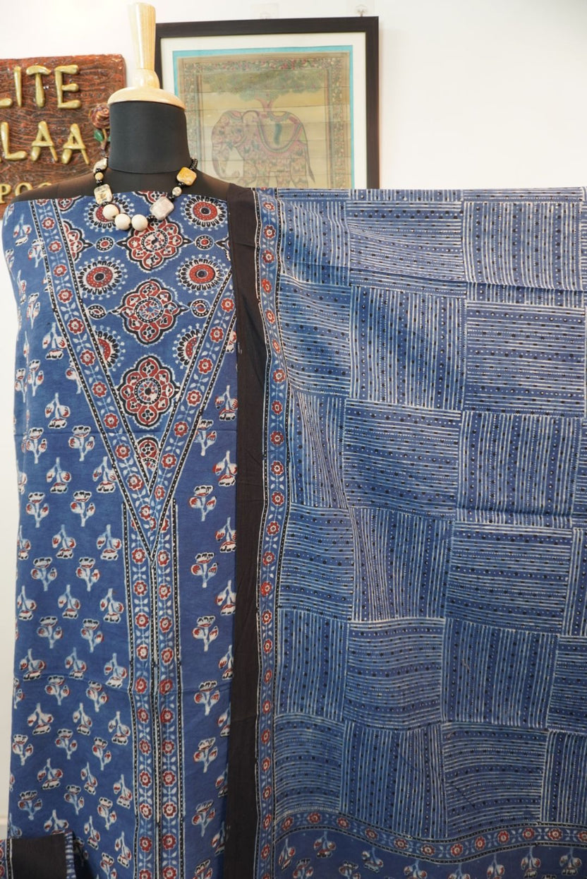 Indigo blue Ajrakh handblock cotton 3 piece suit set with patchwork and border detail