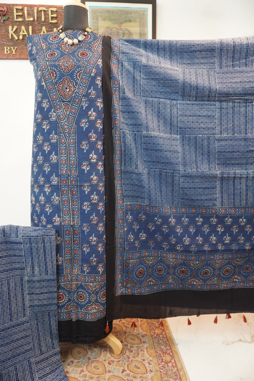 Indigo blue Ajrakh handblock cotton 3 piece suit set with patchwork and border detail