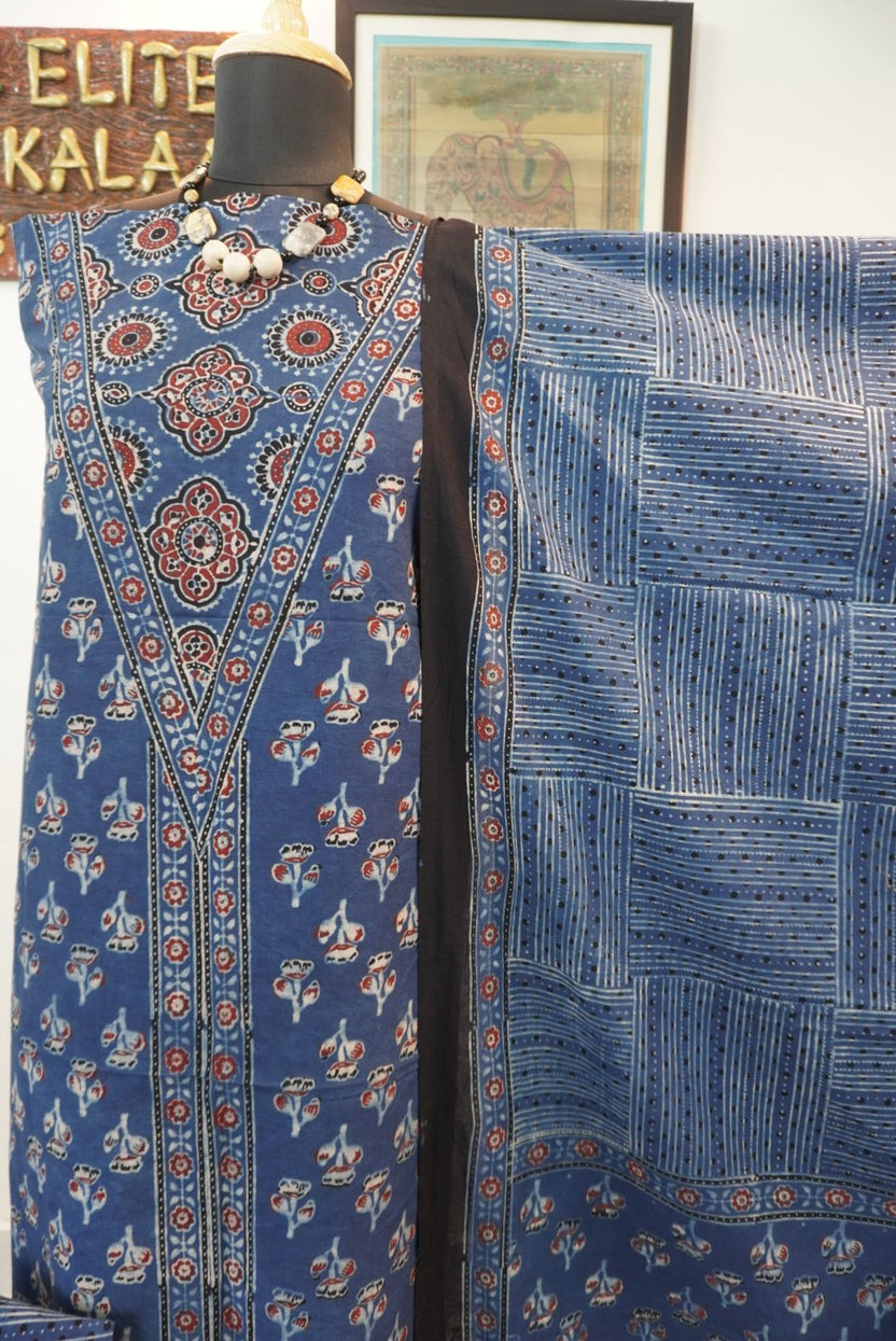 Indigo blue Ajrakh handblock cotton 3 piece suit set with patchwork and border detail