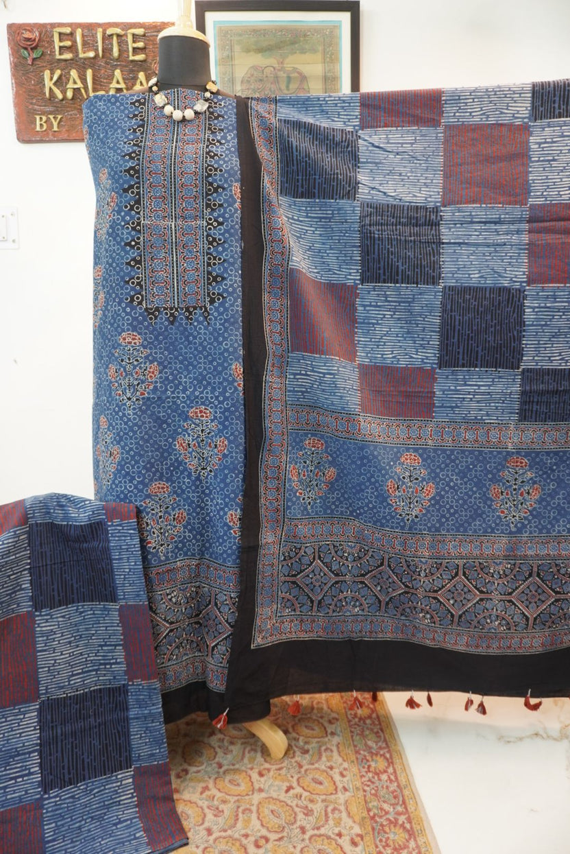 Indigo blue cotton Ajrakh handblock 3 piece suit with border, tassels and multicolor block print