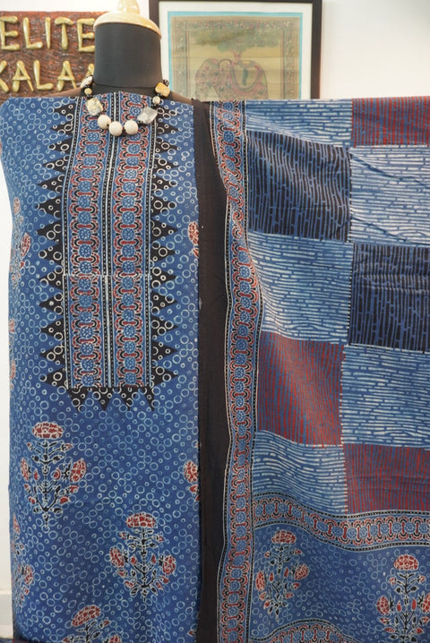 Indigo blue cotton Ajrakh handblock 3 piece suit with border, tassels and multicolor block print