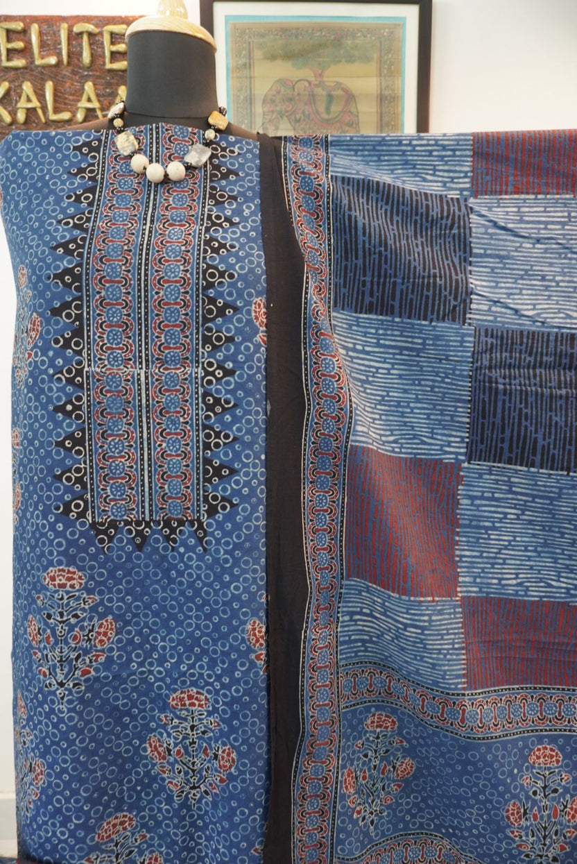 Indigo blue cotton Ajrakh handblock 3 piece suit with border, tassels and multicolor block print