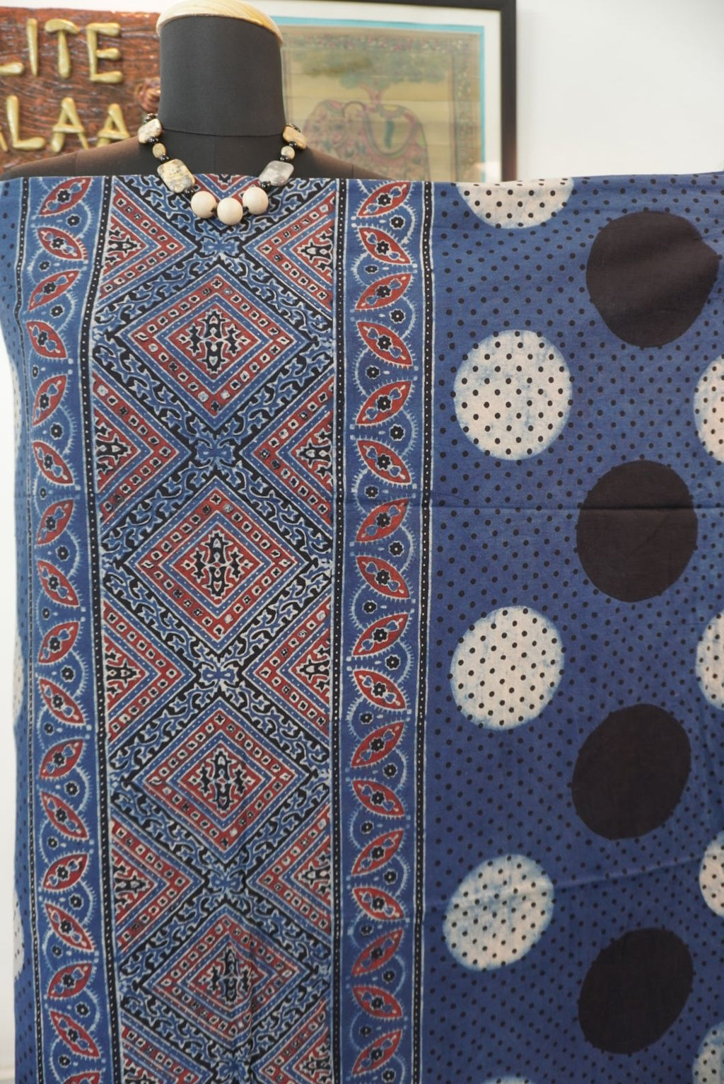 Cotton Ajrakh 3 piece unstitched suit set in indigo blue with red, white and black block print and border