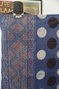 Cotton Ajrakh 3 piece unstitched suit set in indigo blue with red, white and black block print and border