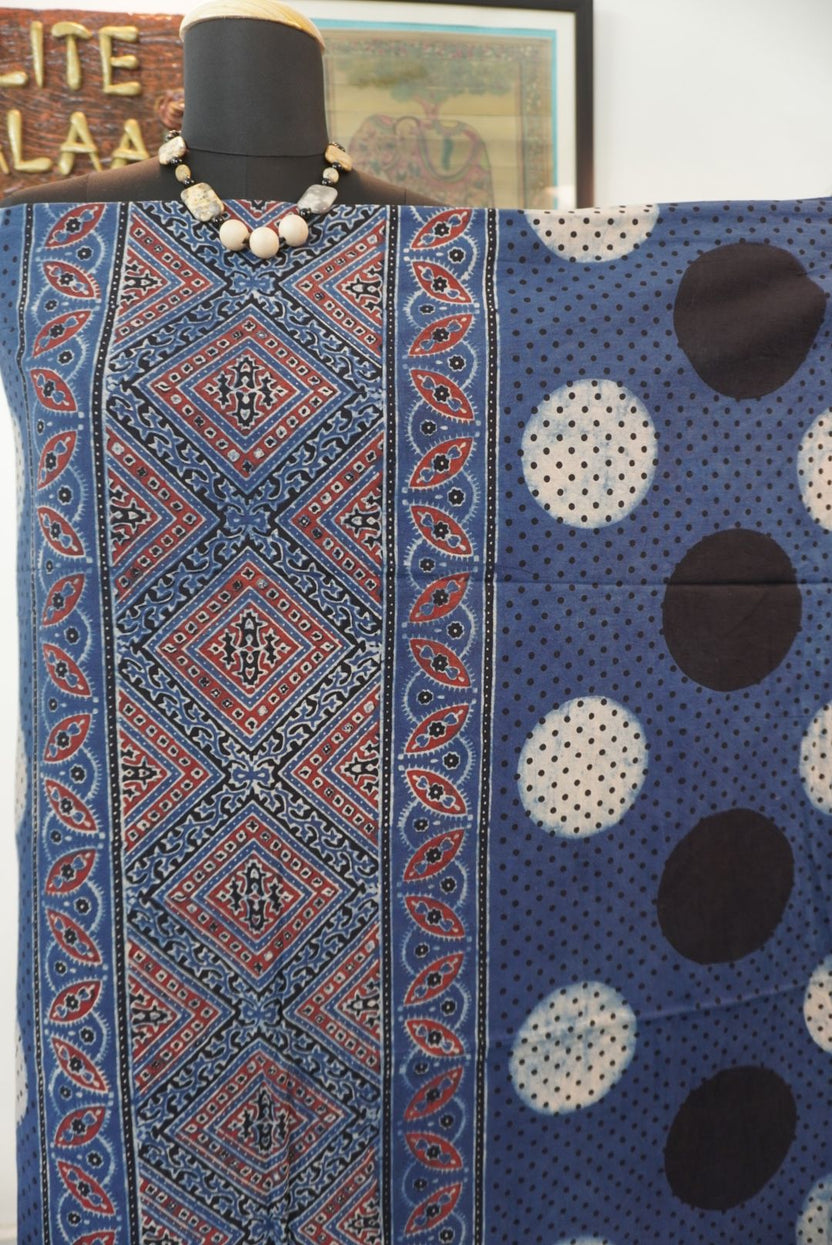 Cotton Ajrakh 3 piece unstitched suit set in indigo blue with red, white and black block print and border