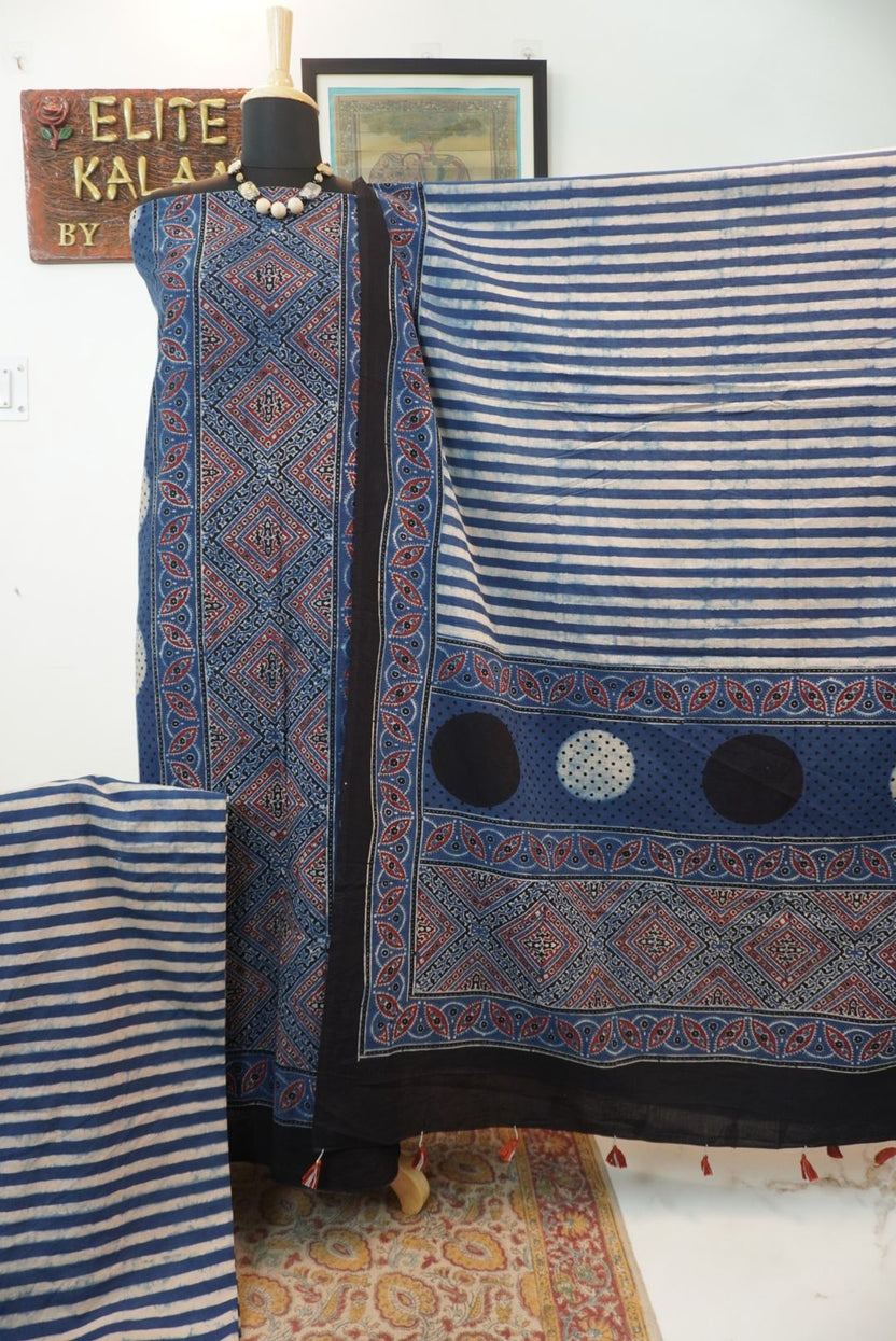 Cotton Ajrakh 3 piece unstitched suit set in indigo blue with red, white and black block print and border
