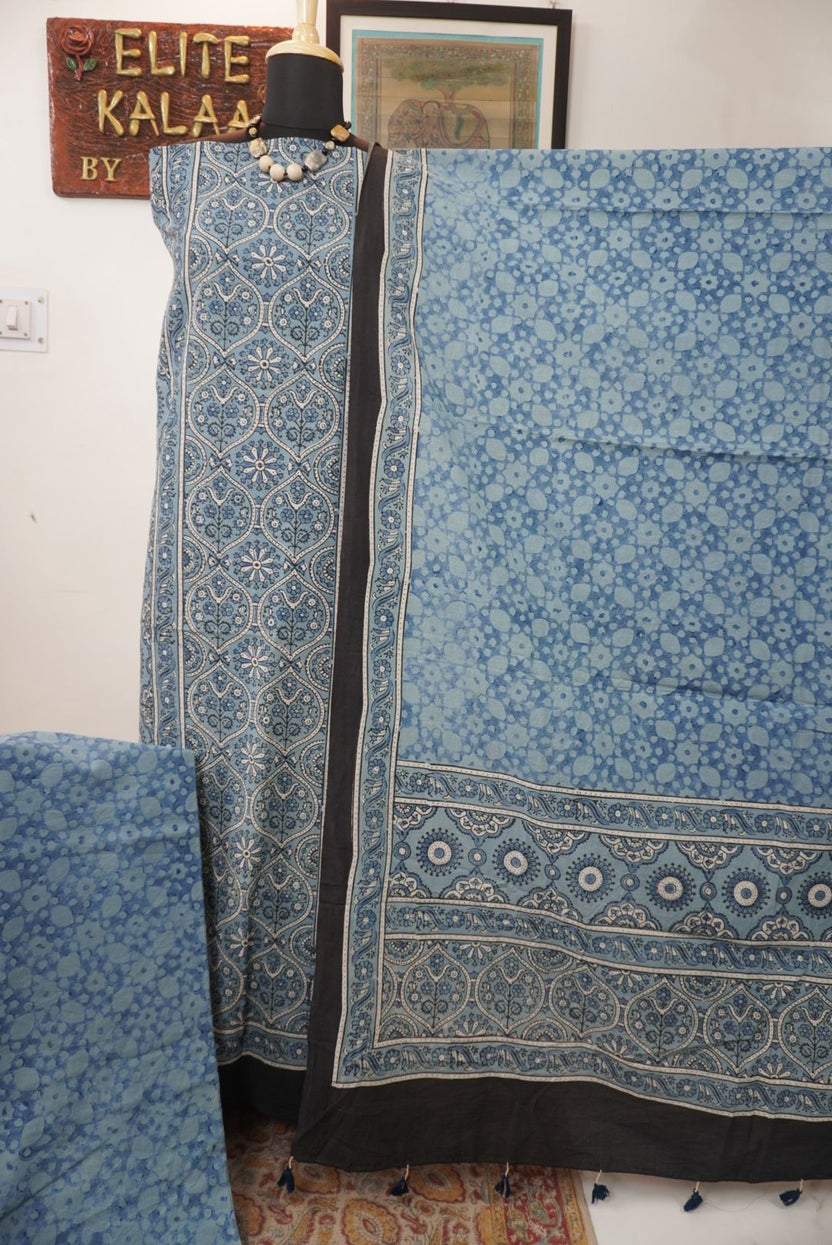 Light blue cotton Ajrakh 3 piece unstitched suit set with block print, border and tassels