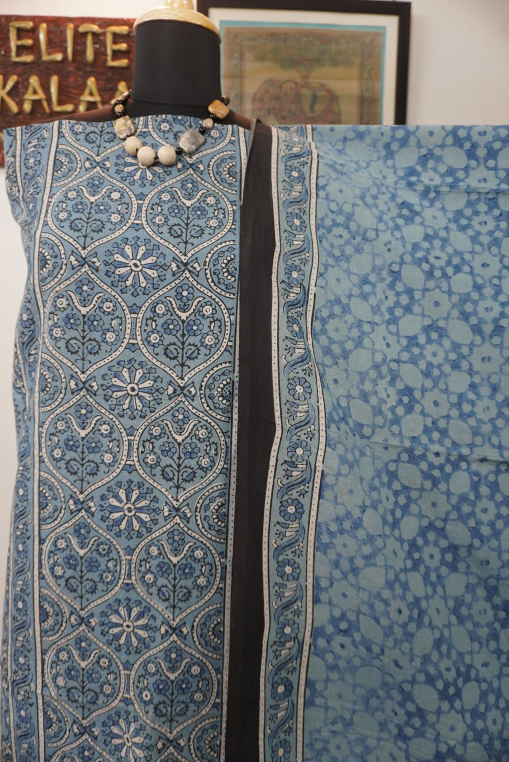 Light blue cotton Ajrakh 3 piece unstitched suit set with block print, border and tassels