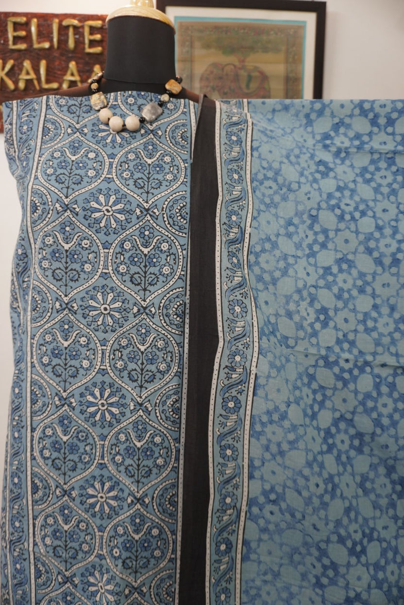 Light blue cotton Ajrakh 3 piece unstitched suit set with block print, border and tassels