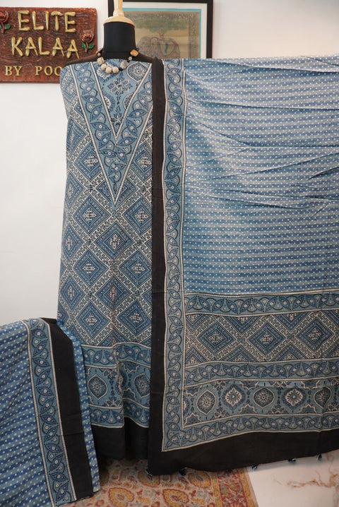 Ajrakh cotton 3 piece suit set in light blue with block print and border