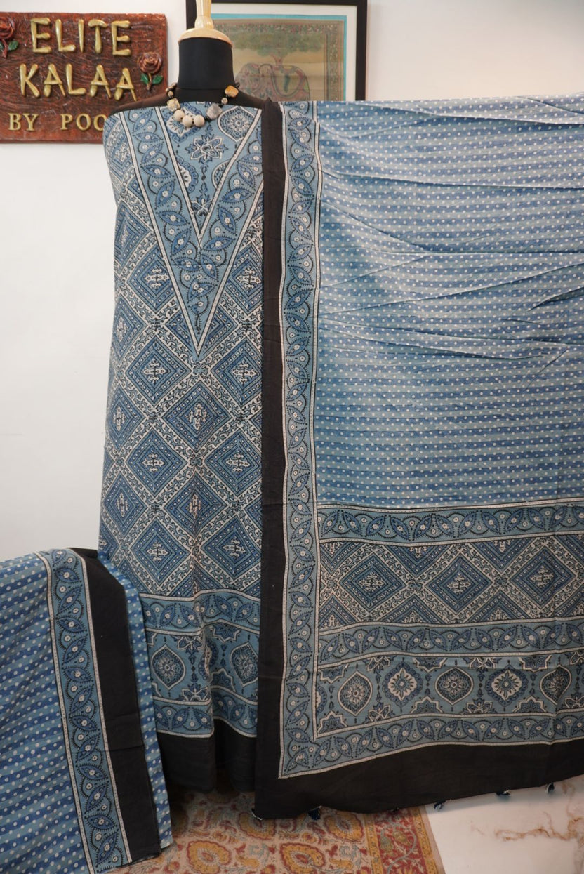 Ajrakh cotton 3 piece suit set in light blue with block print and border