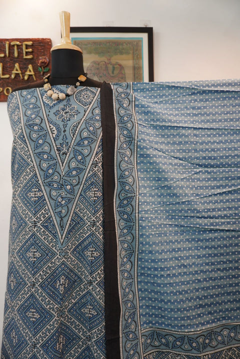 Ajrakh cotton 3 piece suit set in light blue with block print and border